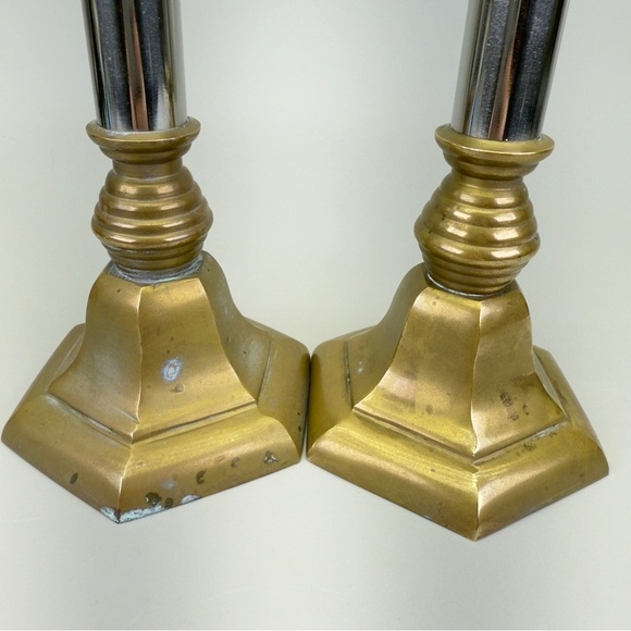 Vintage Two Tone Brass Chrome Candlesticks - Picture 3 of 8